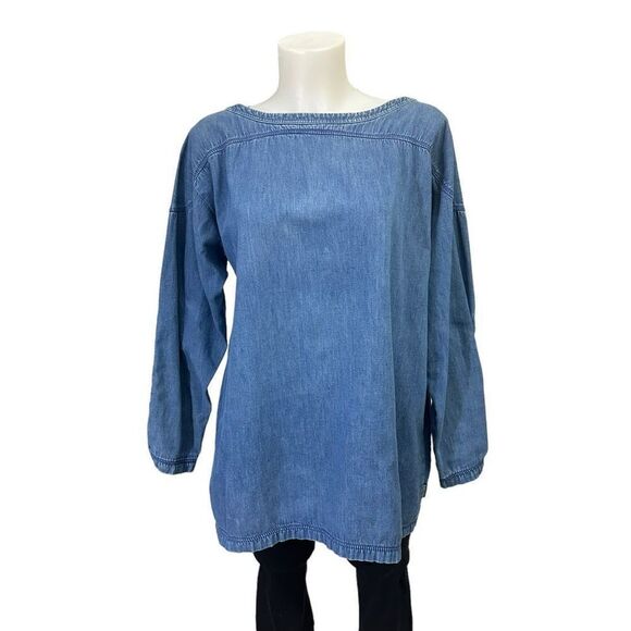 GENE Ewing Bis Wrinkled Rich Denim Blue Boat Neck Longsleeve Top sz‎ P Vintage - Picture 1 of 9
